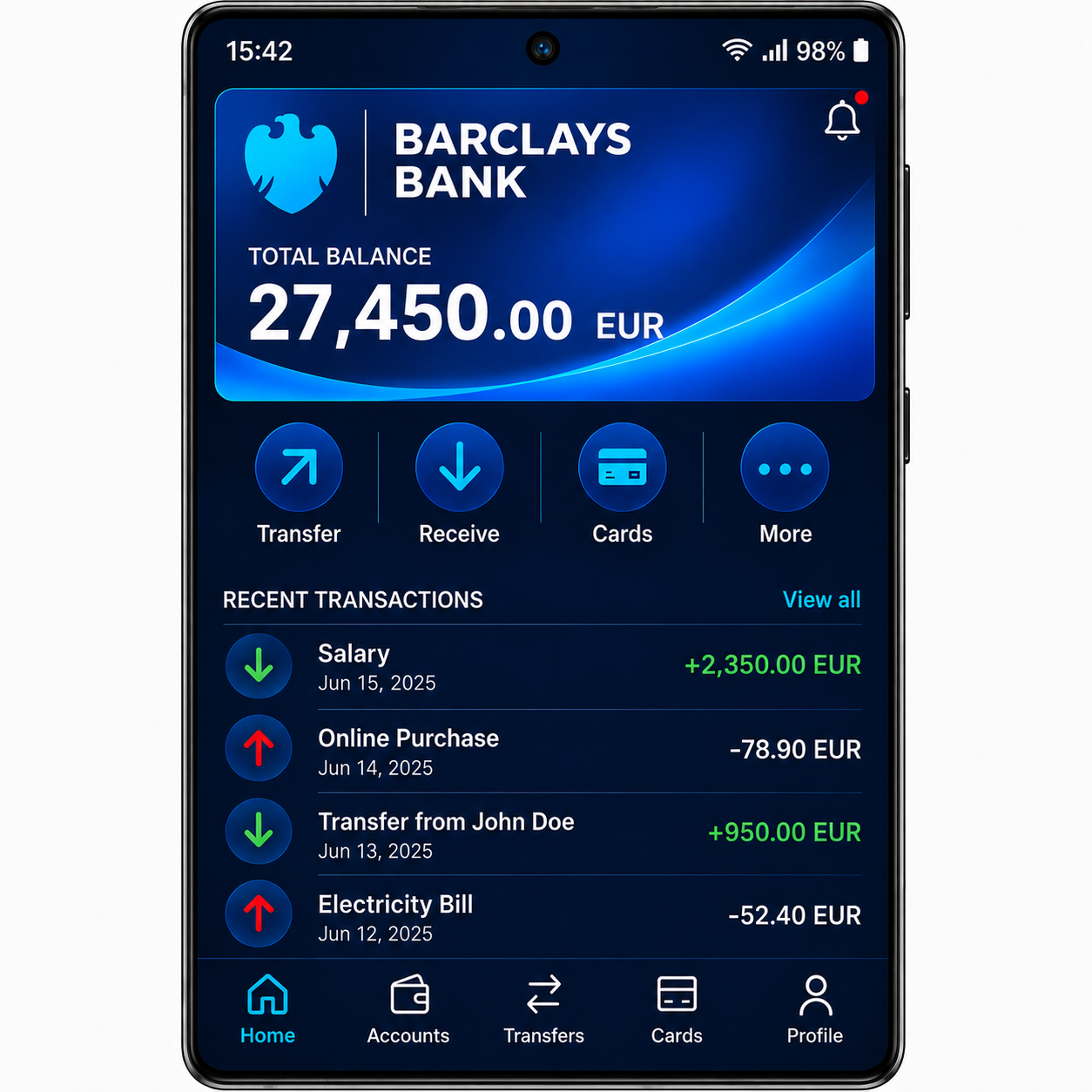 Application mobile Baclays Bank affichant un compte en euros