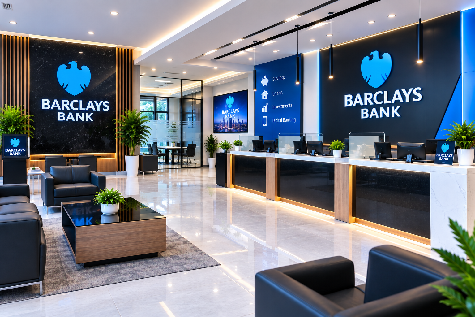 Hall d’accueil moderne Baclays Bank avec ses guichets