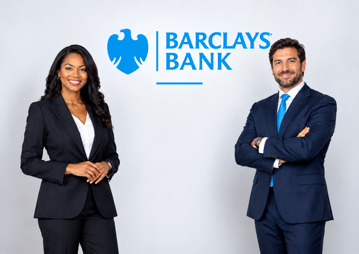 Deux conseillers Baclays Bank devant le logo de la banque