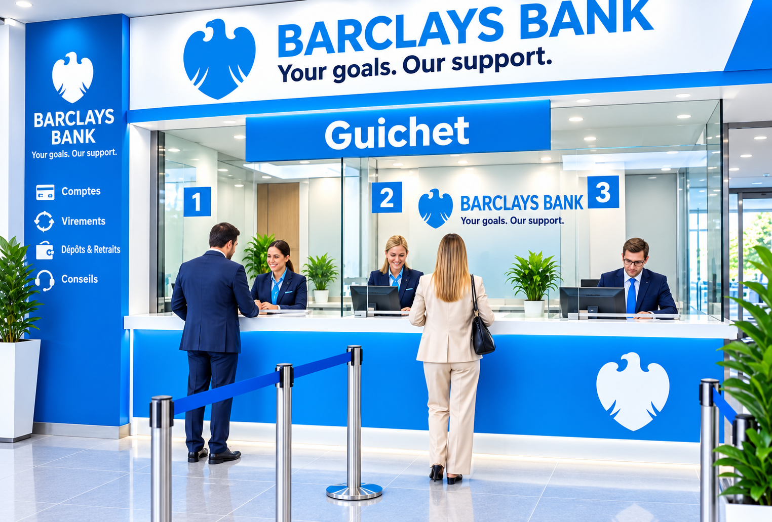 Guichet moderne Baclays Bank avec plusieurs conseillers