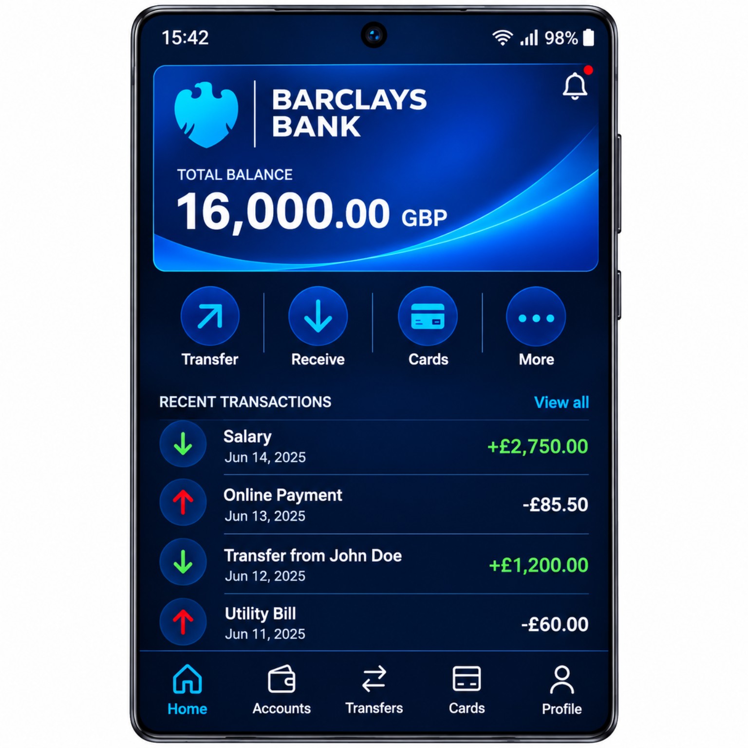 Application mobile Baclays Bank affichant un compte en livres sterling